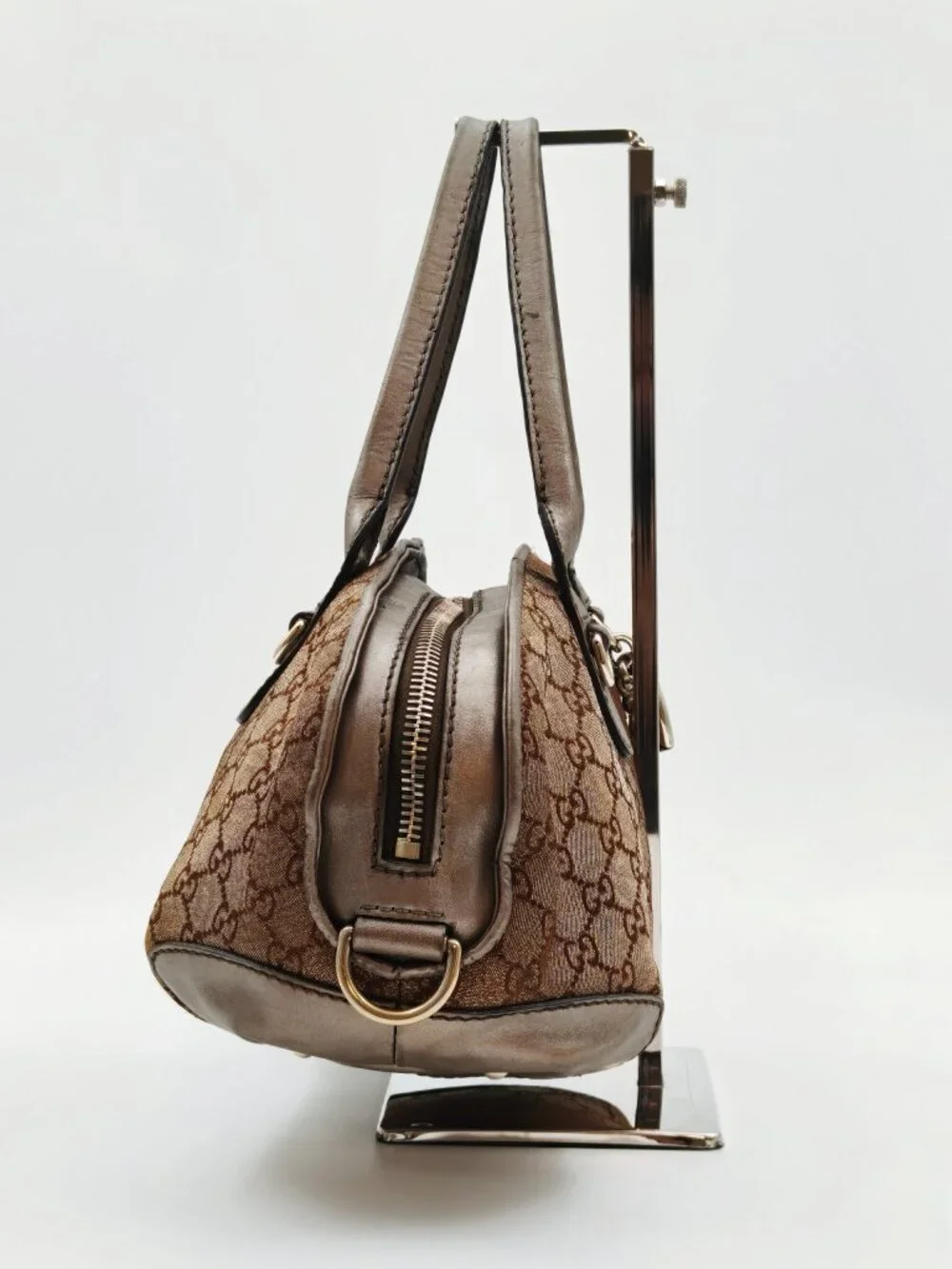 Gucci GG Monogram Canvas Boston Shoulder Bag Brown Leather Heart Charm